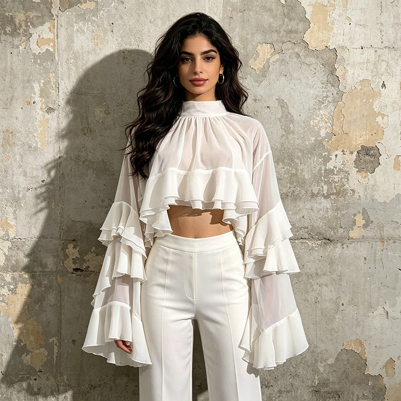 Ruffle Chiffon Blouse Women | Mock Neck Tiered Bell Sleeve Sheer Top