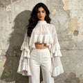 Ruffle Chiffon Blouse Women | Mock Neck Tiered Bell Sleeve Sheer Top