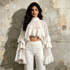Ruffle Chiffon Blouse Women | Mock Neck Tiered Bell Sleeve Sheer Top