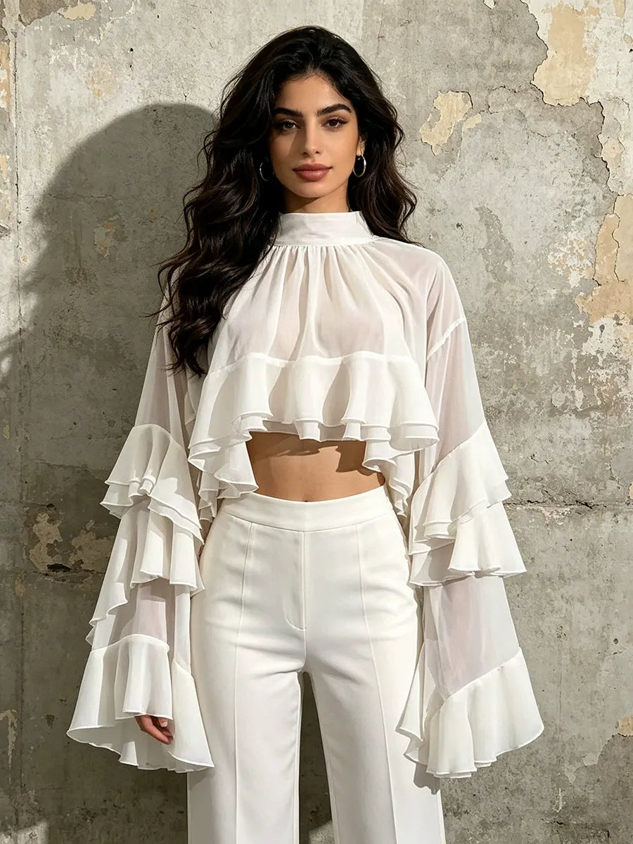 Ruffle Chiffon Blouse Women | Mock Neck Tiered Bell Sleeve Sheer Top