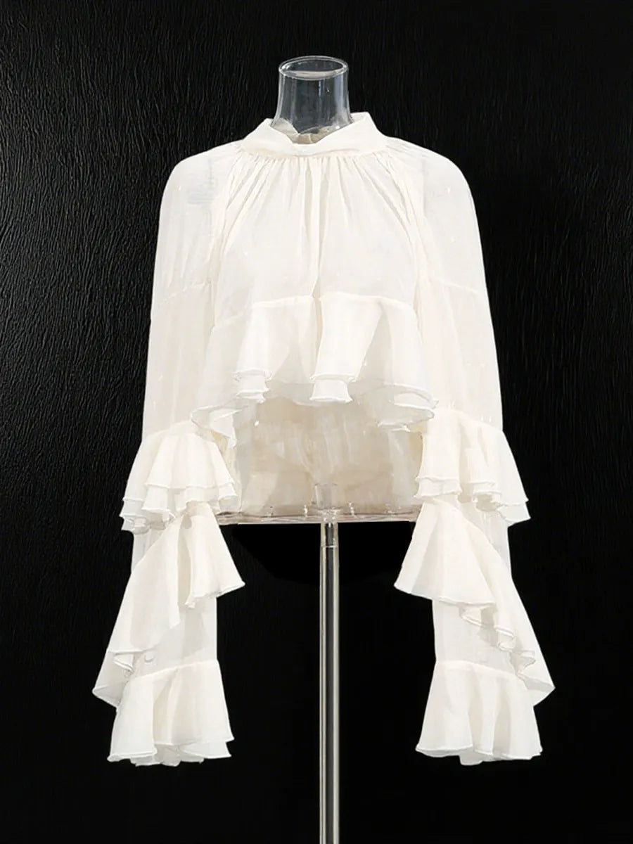 Ruffle Chiffon Blouse Women | Mock Neck Tiered Bell Sleeve Sheer Top
