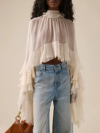 Ruffle Chiffon Blouse Women | Mock Neck Tiered Bell Sleeve Sheer Top
