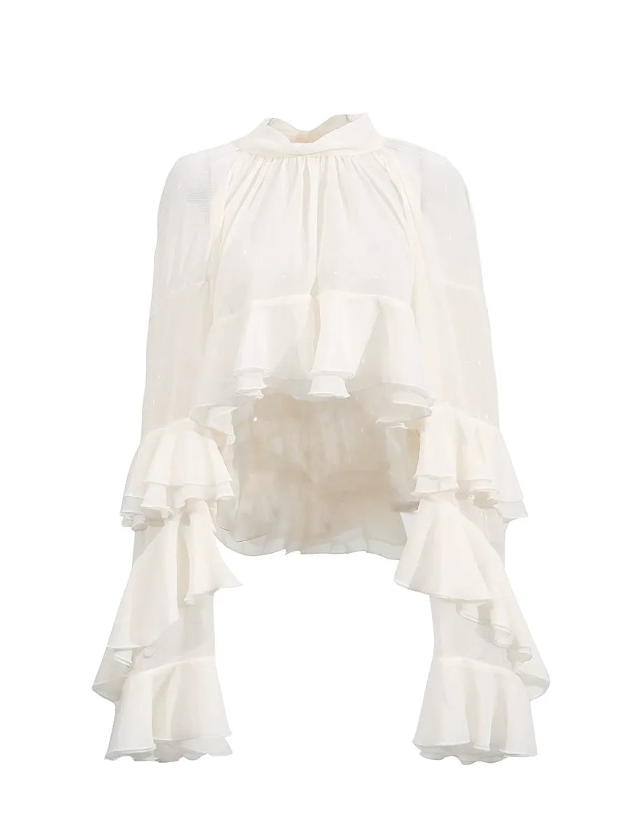 Ruffle Chiffon Blouse Women | Mock Neck Tiered Bell Sleeve Sheer Top