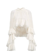 Ruffle Chiffon Blouse Women | Mock Neck Tiered Bell Sleeve Sheer Top
