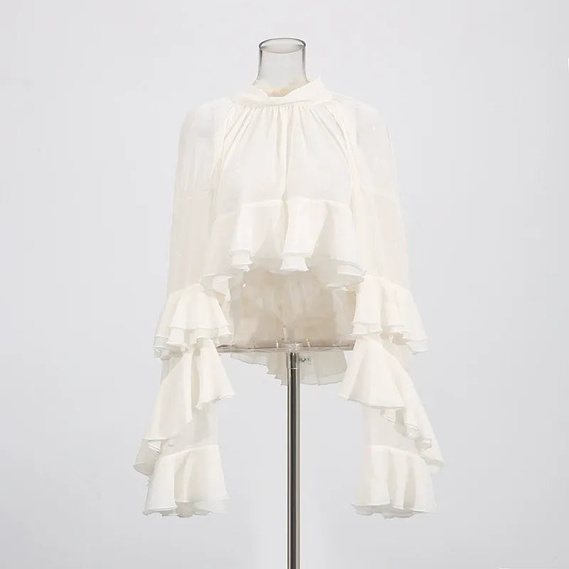 Ruffle Chiffon Blouse Women | Mock Neck Tiered Bell Sleeve Sheer Top