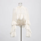 Ruffle Chiffon Blouse Women | Mock Neck Tiered Bell Sleeve Sheer Top