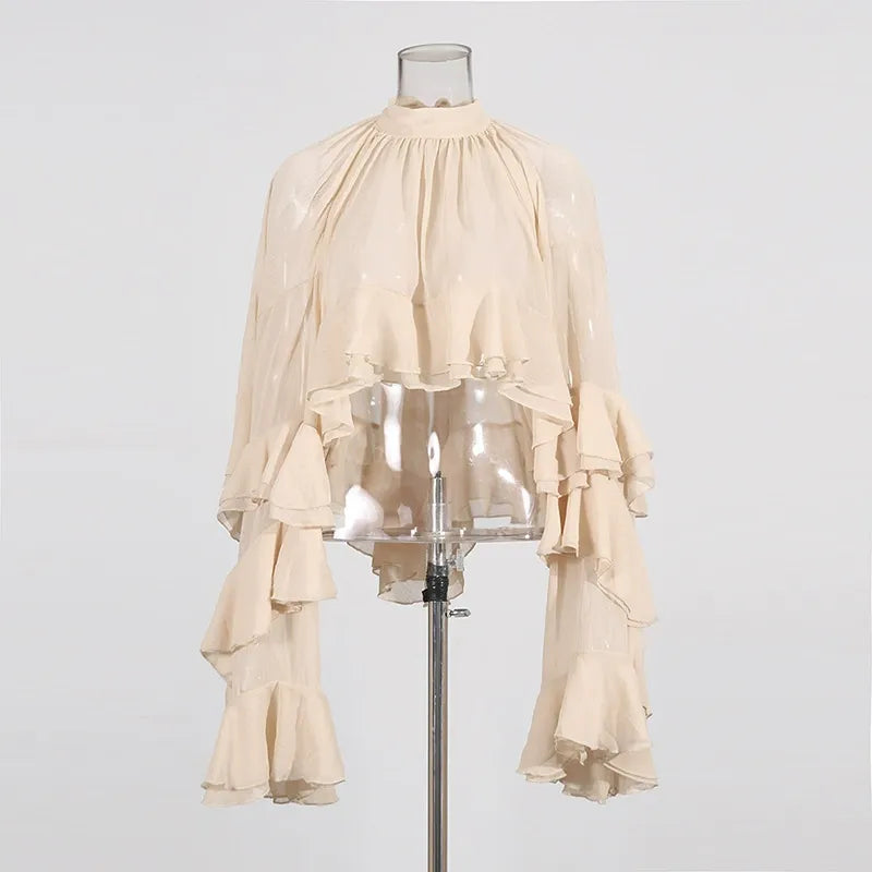 Ruffle Chiffon Blouse Women | Mock Neck Tiered Bell Sleeve Sheer Top