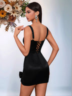 Elegant Satin Mini Dress with Rhinestone Straps & Bow Tie Details