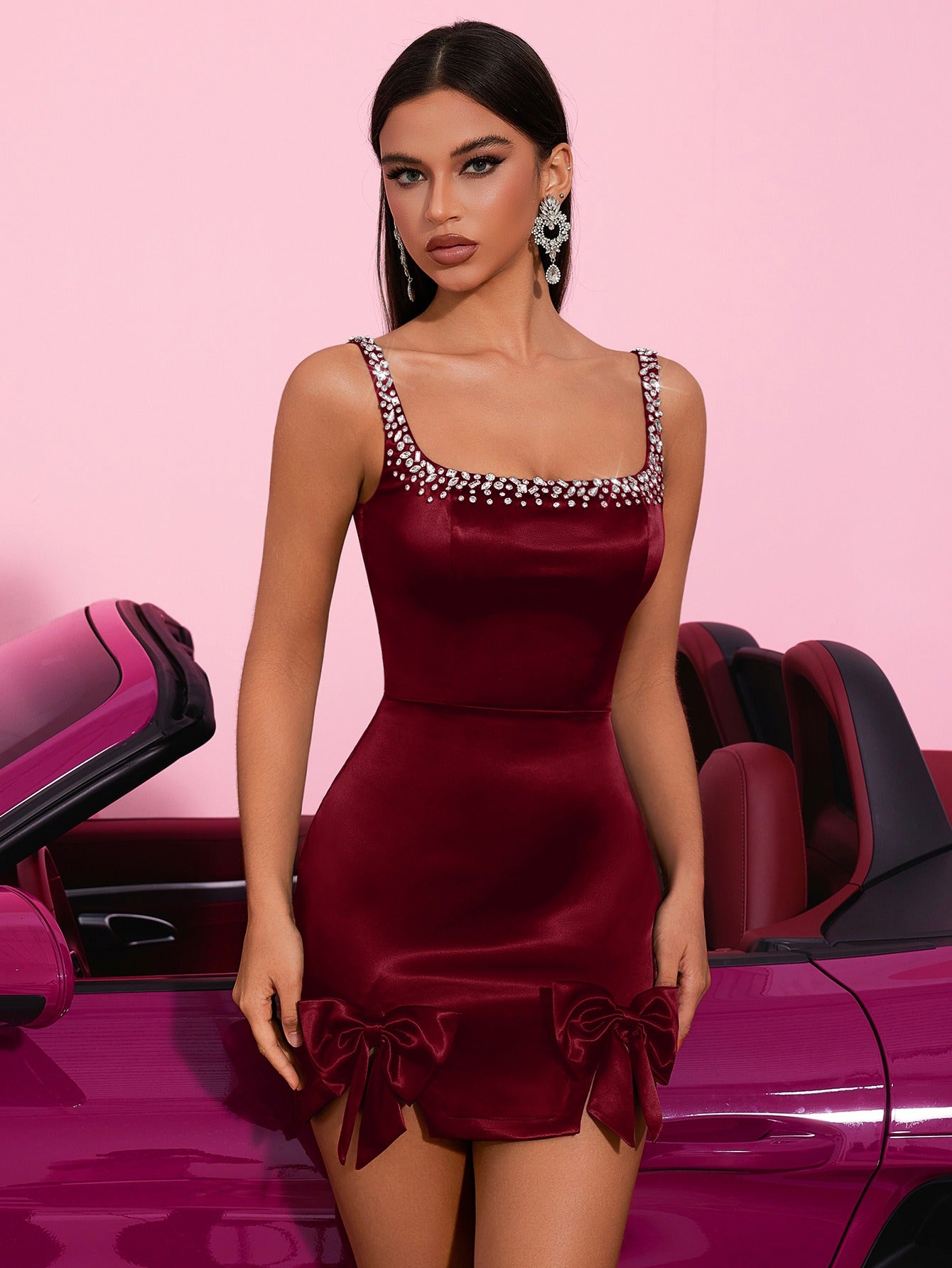 Elegant Satin Mini Dress with Rhinestone Straps & Bow Tie Details