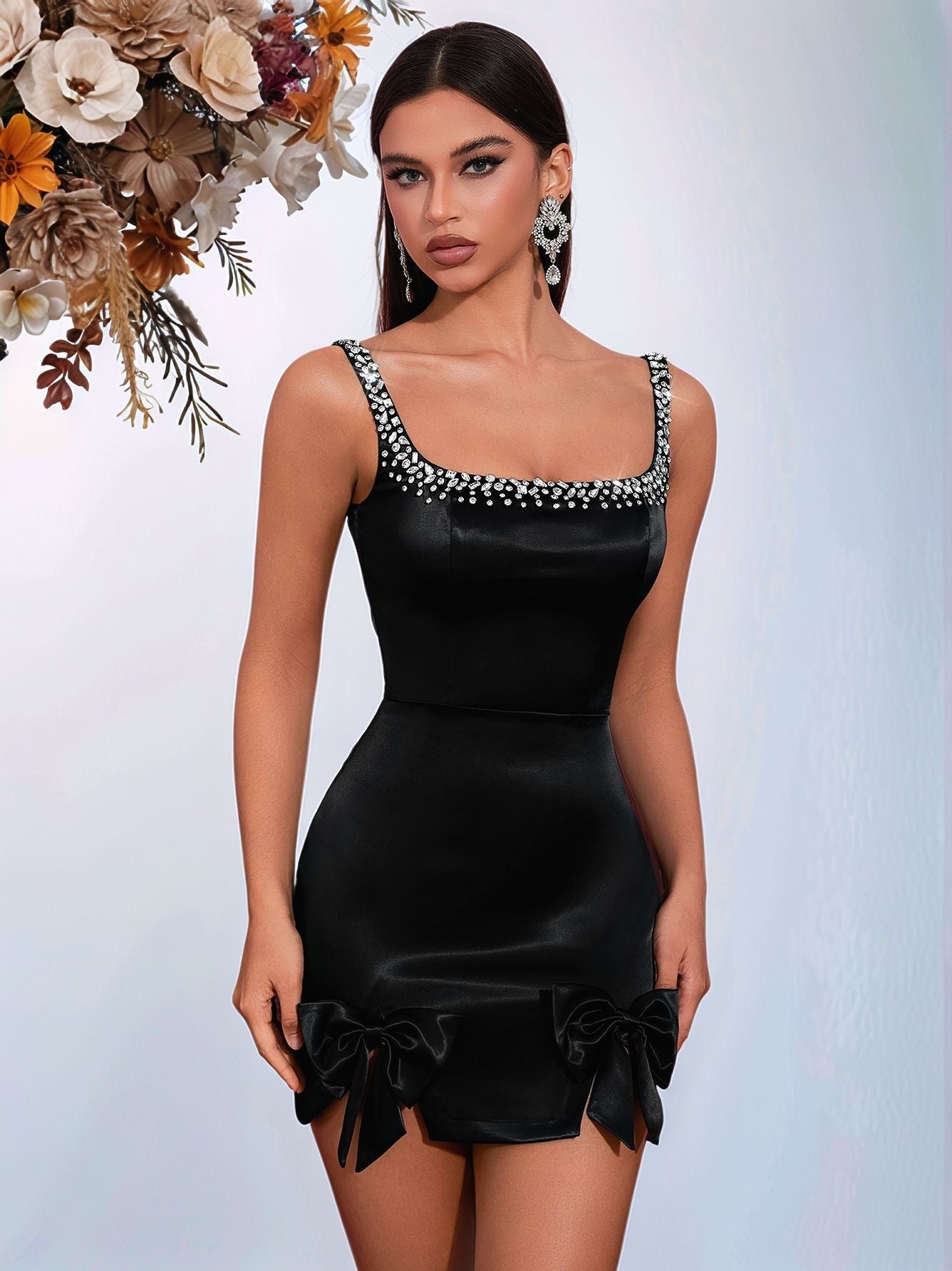 Elegant Satin Mini Dress with Rhinestone Straps & Bow Tie Details