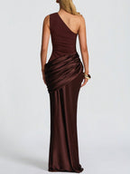 Brown Satin One-Shoulder Gown – Elegant Ruched Maxi Dress for Formal Events & Galas