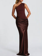 Brown Satin One-Shoulder Gown – Elegant Ruched Maxi Dress for Formal Events & Galas
