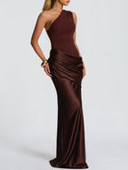 Brown Satin One-Shoulder Gown – Elegant Ruched Maxi Dress for Formal Events & Galas