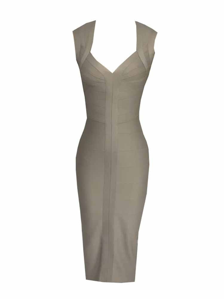 Sculpted V-Neck Midi Dress – Bodycon Ribbed Knit, Sleeveless, Elegant Cocktail Party Dress - Styeenigma