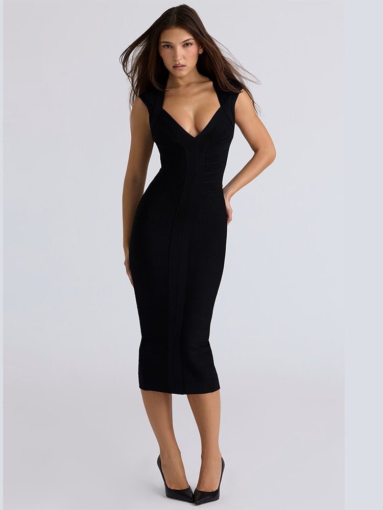 Sculpted V-Neck Midi Dress – Bodycon Ribbed Knit, Sleeveless, Elegant Cocktail Party Dress - Styeenigma