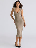 Sculpted V-Neck Midi Dress – Bodycon Ribbed Knit, Sleeveless, Elegant Cocktail Party Dress - Styeenigma