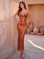 Sequin Maxi Dress | Strapless Sweetheart Neckline Corset Gown with Rhinestone Detail - Styeenigma