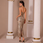 Sequin Maxi Dress | Strapless Sweetheart Neckline Corset Gown with Rhinestone Detail - Styeenigma