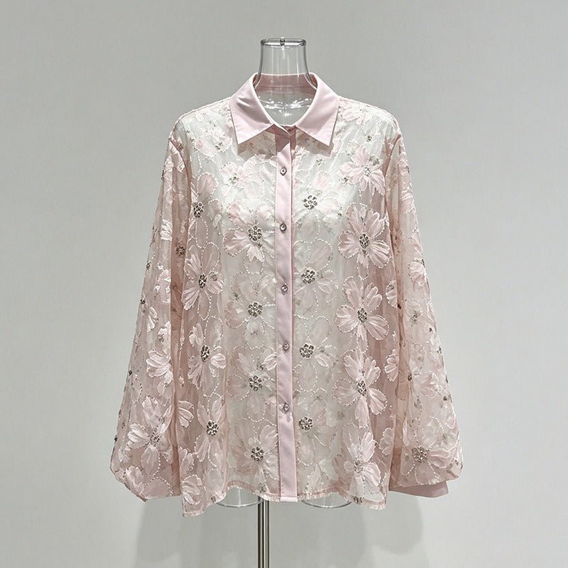 Sheer Floral Blouse Women's Rhinestone Puff Sleeve Shirt with Contrast Collar - Styeenigma