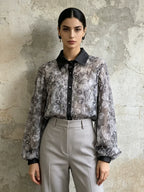 Sheer Floral Blouse Women's Rhinestone Puff Sleeve Shirt with Contrast Collar