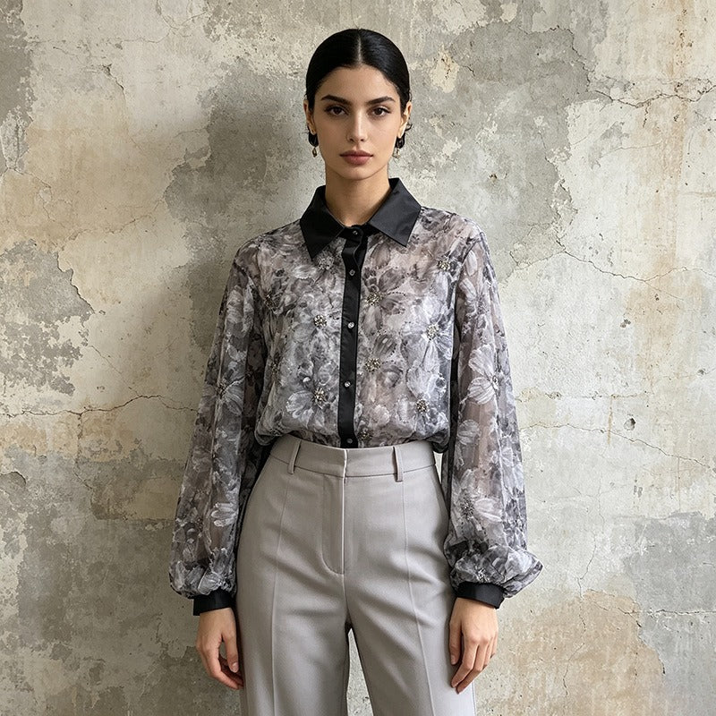 Sheer Floral Blouse Women's Rhinestone Puff Sleeve Shirt with Contrast Collar