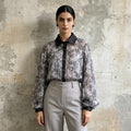 Sheer Floral Blouse Women's Rhinestone Puff Sleeve Shirt with Contrast Collar