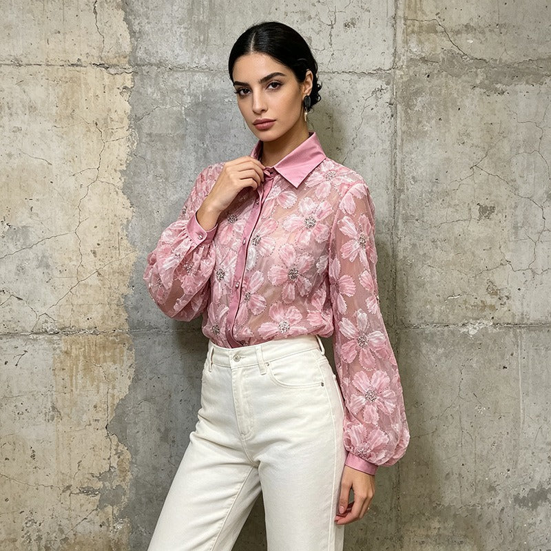 Sheer Floral Blouse Women's Rhinestone Puff Sleeve Shirt with Contrast Collar
