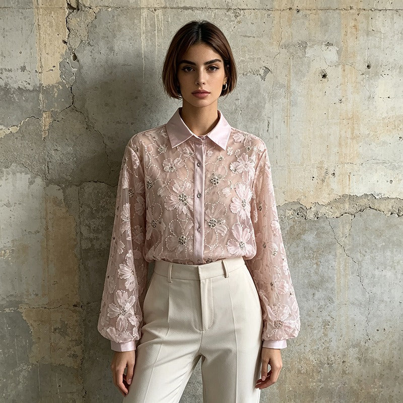 Sheer Floral Blouse Women's Rhinestone Puff Sleeve Shirt with Contrast Collar