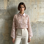 Sheer Floral Blouse Women's Rhinestone Puff Sleeve Shirt with Contrast Collar