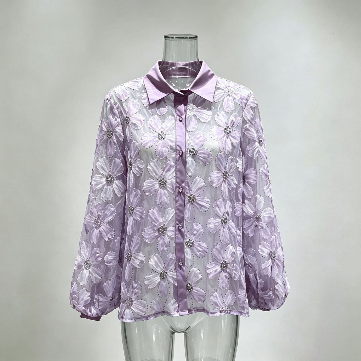 Sheer Floral Blouse Women's Rhinestone Puff Sleeve Shirt with Contrast Collar - Styeenigma