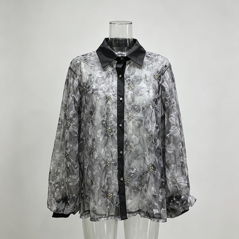 Sheer Floral Blouse Women's Rhinestone Puff Sleeve Shirt with Contrast Collar