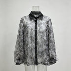 Sheer Floral Blouse Women's Rhinestone Puff Sleeve Shirt with Contrast Collar
