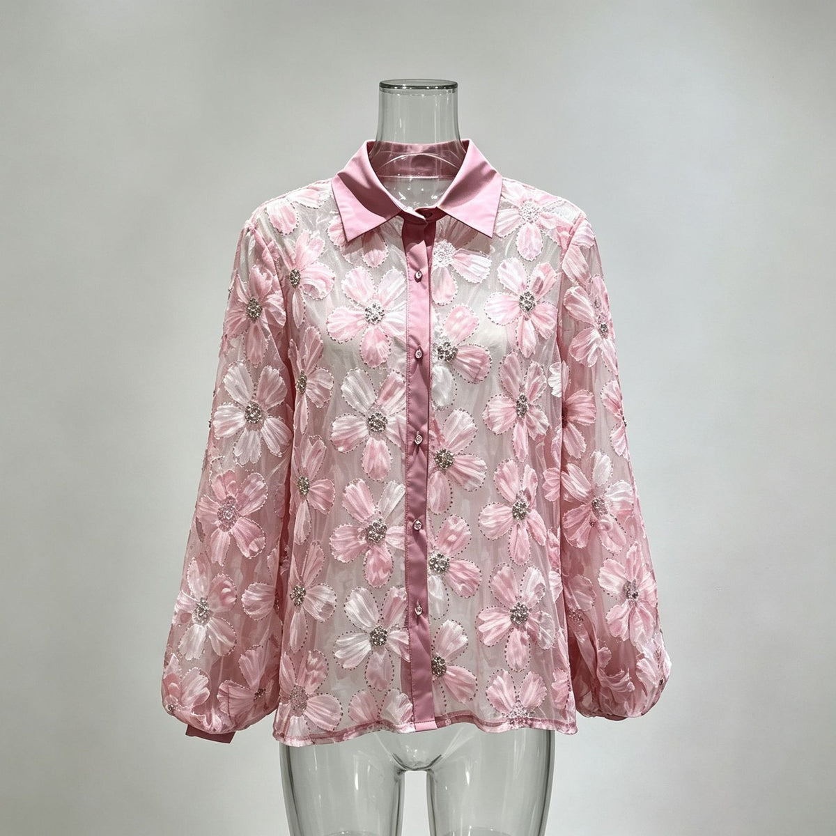 Sheer Floral Blouse Women's Rhinestone Puff Sleeve Shirt with Contrast Collar - Styeenigma