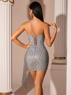 Silver Sequin Strapless Mini Dress Corset Sheer Mesh Asymmetric Drape - Glitter Party Evening Clubwear