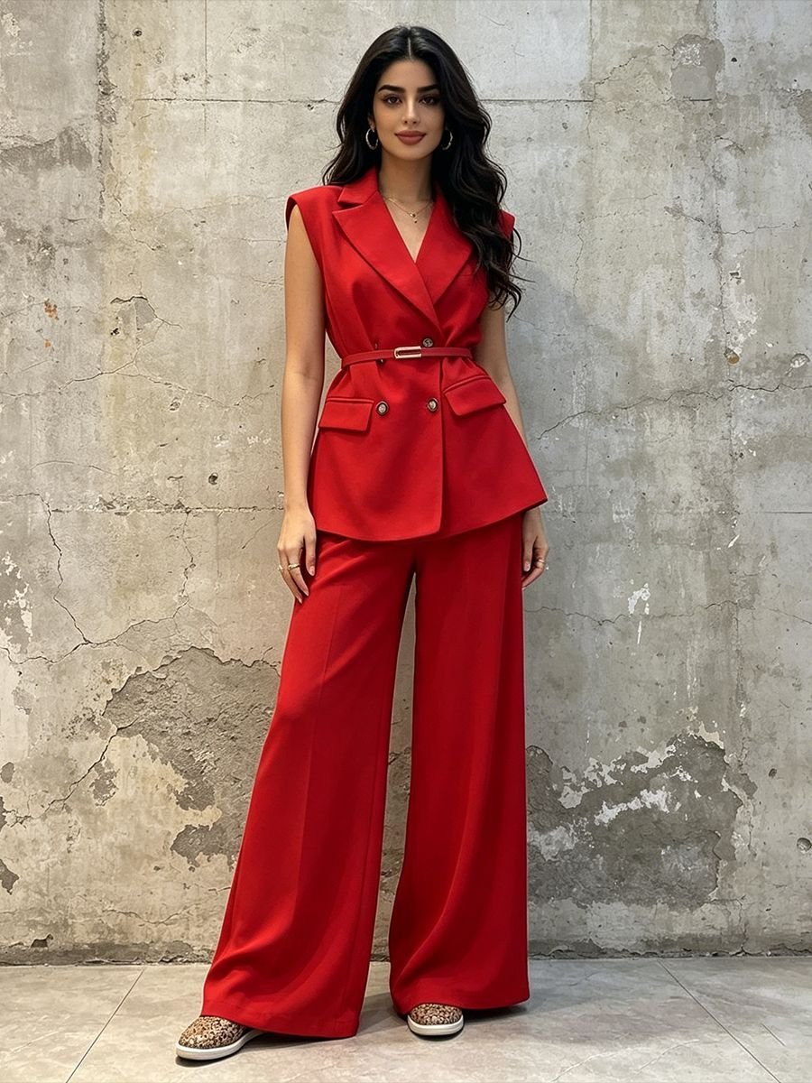 Sleeveless Belted Vest Pant Suit Women | Wide Leg Trouser Two Piece Set - Styeenigma