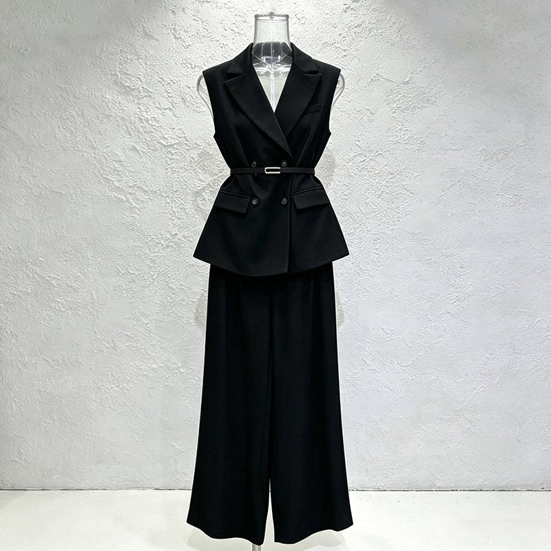 Sleeveless Belted Vest Pant Suit Women | Wide Leg Trouser Two Piece Set - Styeenigma