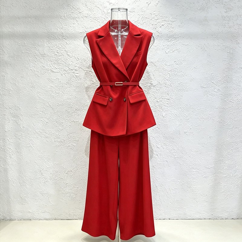 Sleeveless Belted Vest Pant Suit Women | Wide Leg Trouser Two Piece Set - Styeenigma