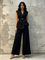 Sleeveless Belted Vest Pant Suit Women | Wide Leg Trouser Two Piece Set - Styeenigma