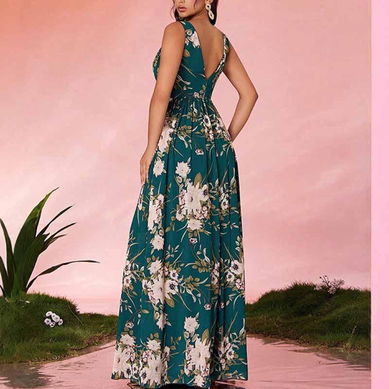 Sleeveless V Neck Green Floral A-Line Maxi Dress Wedding Guest Dress - Styeenigma