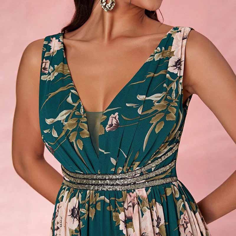 Sleeveless V Neck Green Floral A-Line Maxi Dress Wedding Guest Dress - Styeenigma