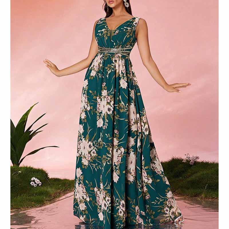 Sleeveless V Neck Green Floral A-Line Maxi Dress Wedding Guest Dress - Styeenigma