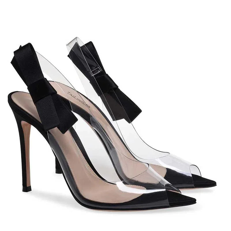 PVC Slingback Stiletto Heels with Bow | Women’s Clear Heels - Styeenigma