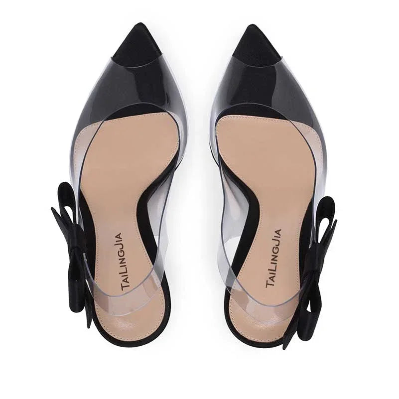 PVC Slingback Stiletto Heels with Bow | Women’s Clear Heels - Styeenigma