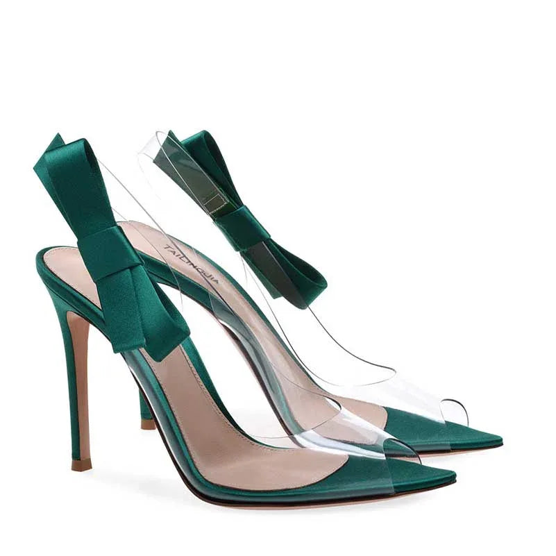 PVC Slingback Stiletto Heels with Bow | Women’s Clear Heels - Styeenigma