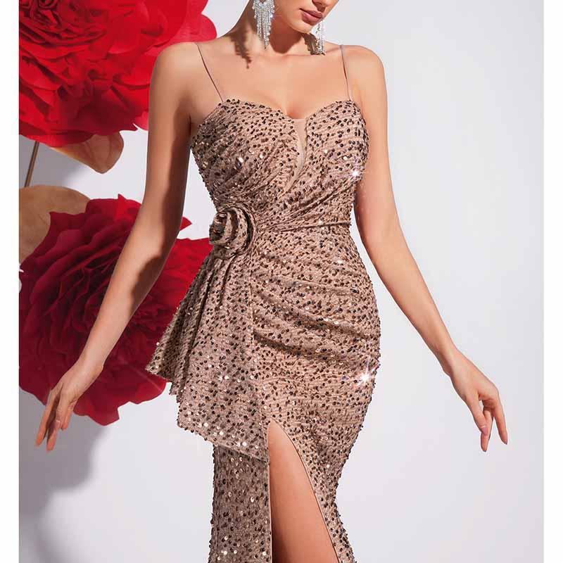 Champagne Sequin Mermaid Dress | Spaghetti Strap Formal Gown - Styeenigma