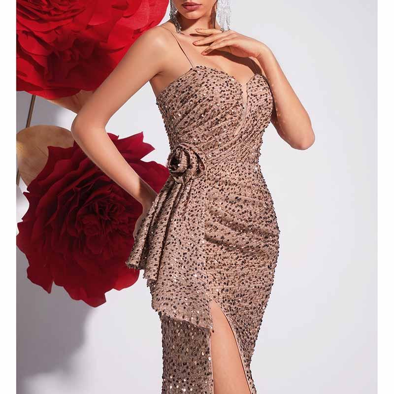 Champagne Sequin Mermaid Dress | Spaghetti Strap Formal Gown - Styeenigma