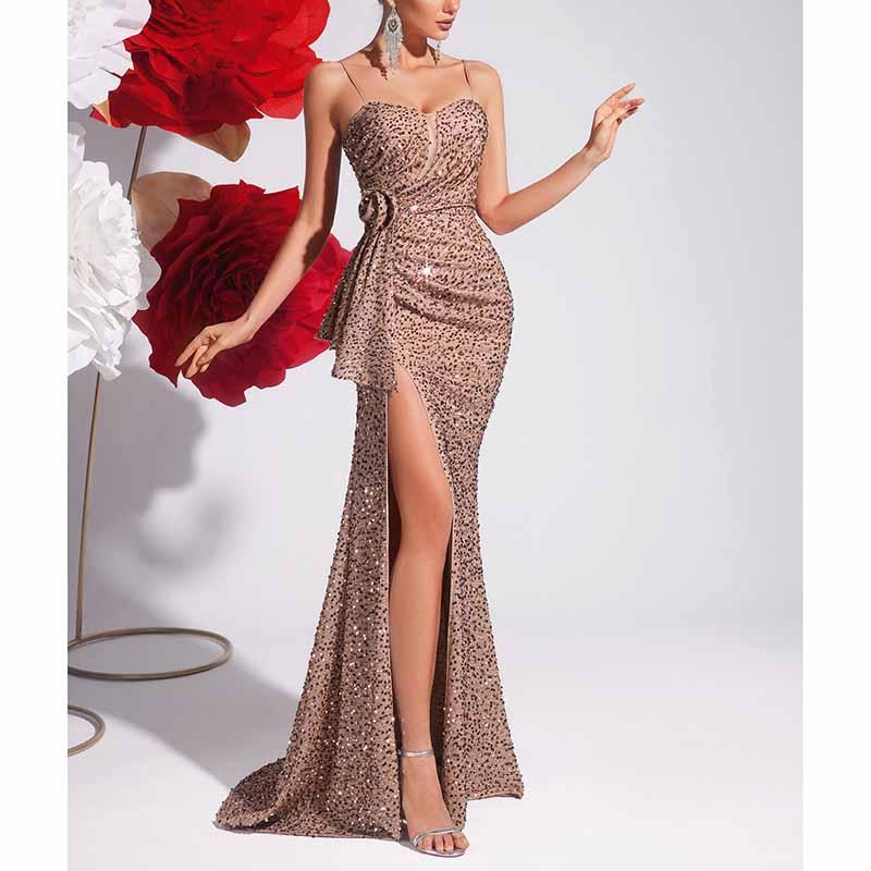 Champagne Sequin Mermaid Dress | Spaghetti Strap Formal Gown - Styeenigma