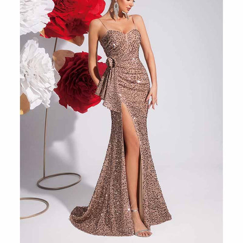 Champagne Sequin Mermaid Dress | Spaghetti Strap Formal Gown - Styeenigma