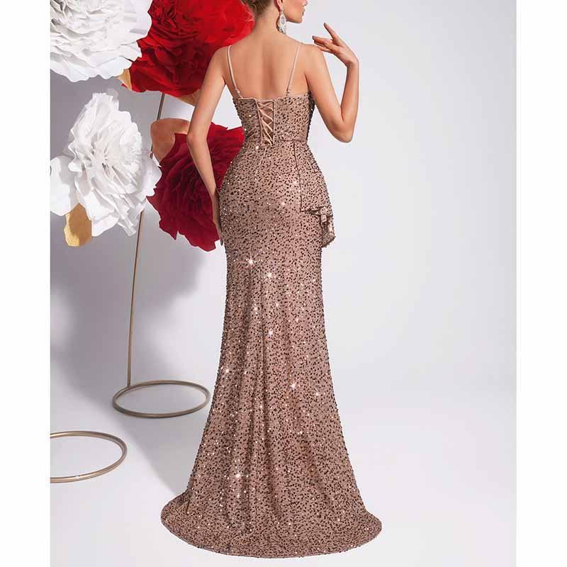 Champagne Sequin Mermaid Dress | Spaghetti Strap Formal Gown - Styeenigma