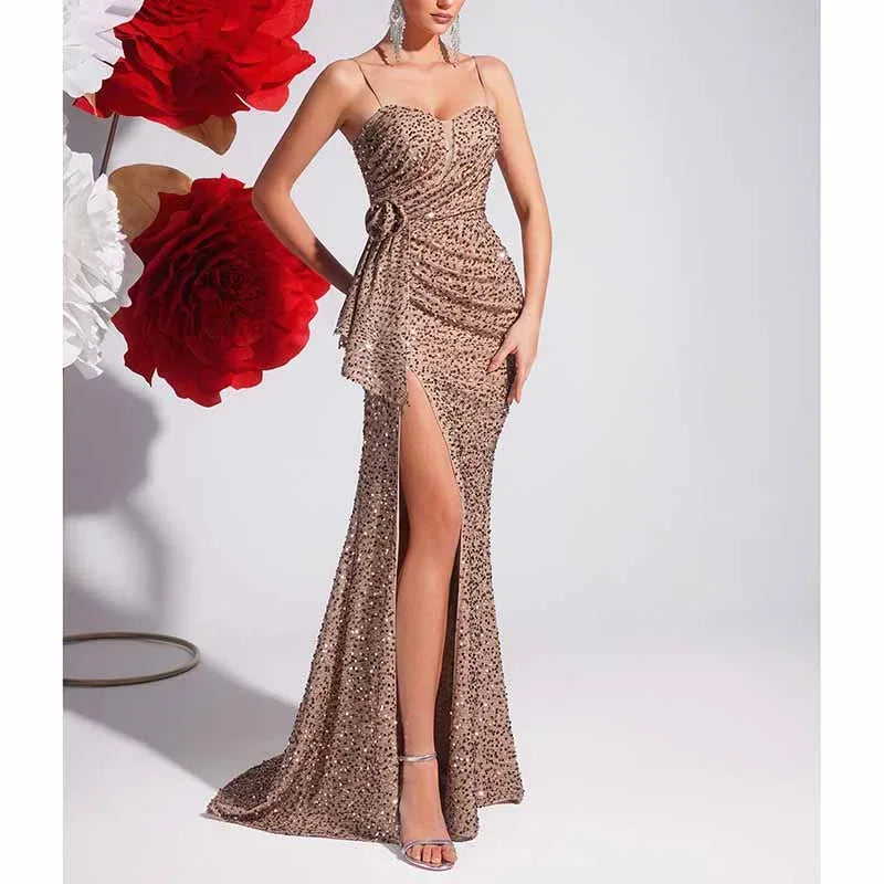 Champagne Sequin Mermaid Dress | Spaghetti Strap Formal Gown - Styeenigma
